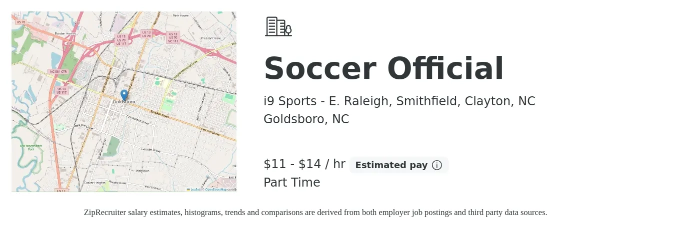 i9 Sports - E. Raleigh, Smithfield, Clayton, NC job posting for a Soccer Official in Goldsboro, NC with a salary of $12 to $15 Hourly with a map of Goldsboro location.