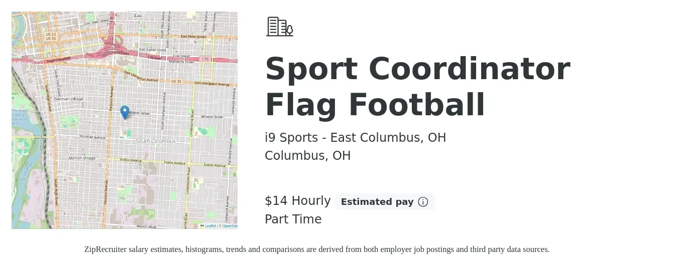 i9 Sports - East Columbus, OH job posting for a Sport Coordinator Flag Football in Columbus, OH with a salary of $15 Hourly with a map of Columbus location.