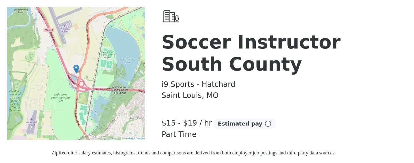 i9 Sports - Hatchard job posting for a Soccer Instructor - South County in Saint Louis, MO with a salary of $16 to $20 Hourly with a map of Saint Louis location.