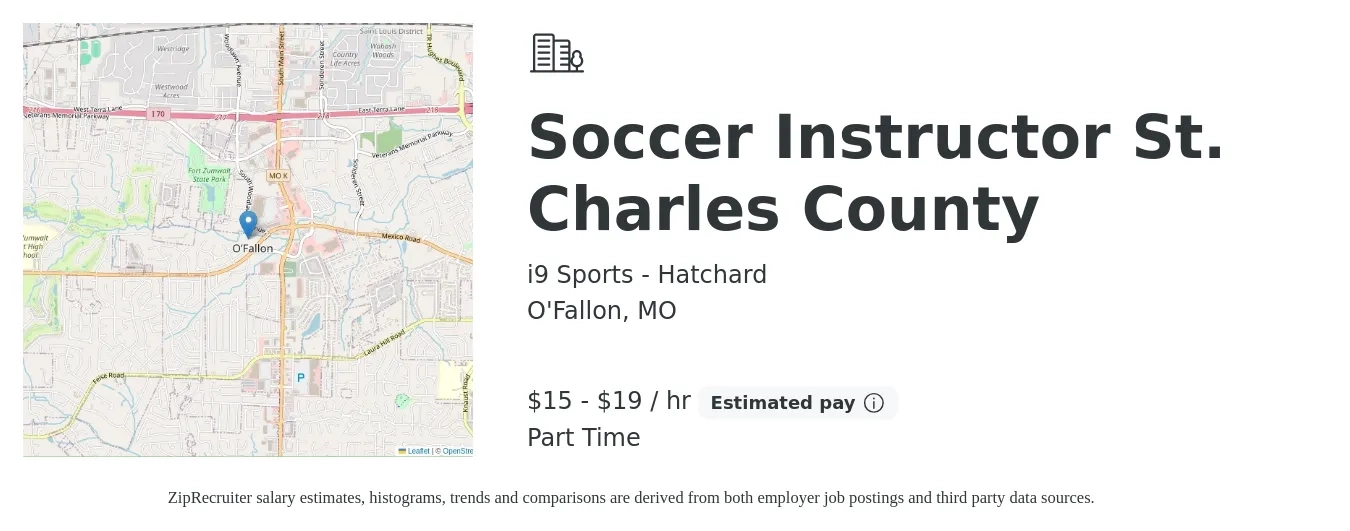i9 Sports - Hatchard job posting for a Soccer Instructor St. Charles County in O'Fallon, MO with a salary of $16 to $20 Hourly with a map of O'Fallon location.