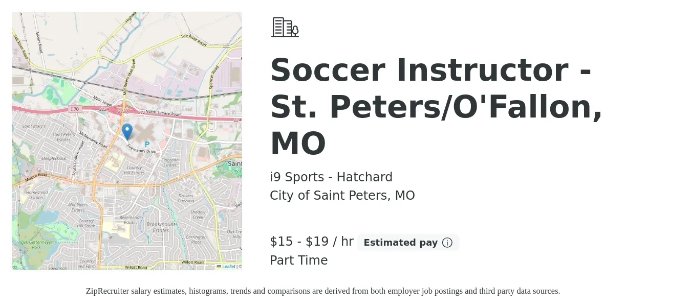 i9 Sports - Hatchard job posting for a Soccer Instructor - St. Peters/O'Fallon, MO in City of Saint Peters, MO with a salary of $16 to $20 Hourly with a map of City of Saint Peters location.