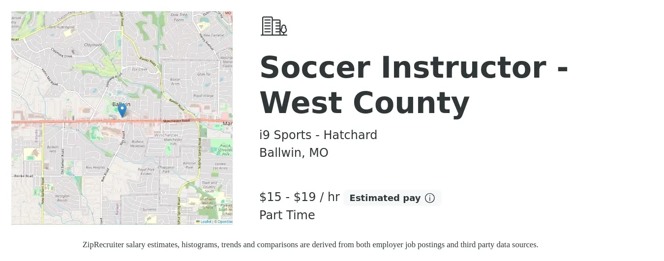 i9 Sports - Hatchard job posting for a Soccer Instructor - West County in Ballwin, MO with a salary of $16 to $20 Hourly with a map of Ballwin location.