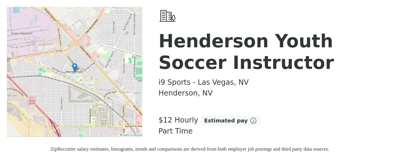 i9 Sports - Las Vegas, NV job posting for a Henderson Youth Soccer Instructor in Henderson, NV with a salary of $14 Hourly with a map of Henderson location.