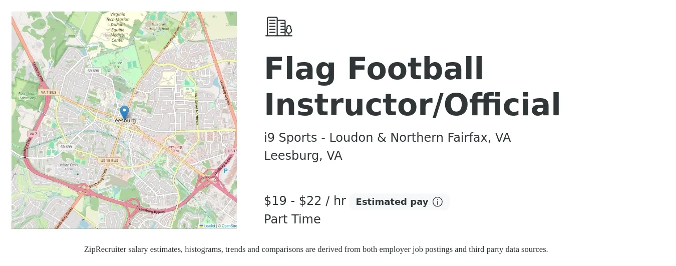 i9 Sports - Loudon & Northern Fairfax, VA job posting for a Flag Football Instructor/Official in Leesburg, VA with a salary of $20 to $23 Hourly with a map of Leesburg location.