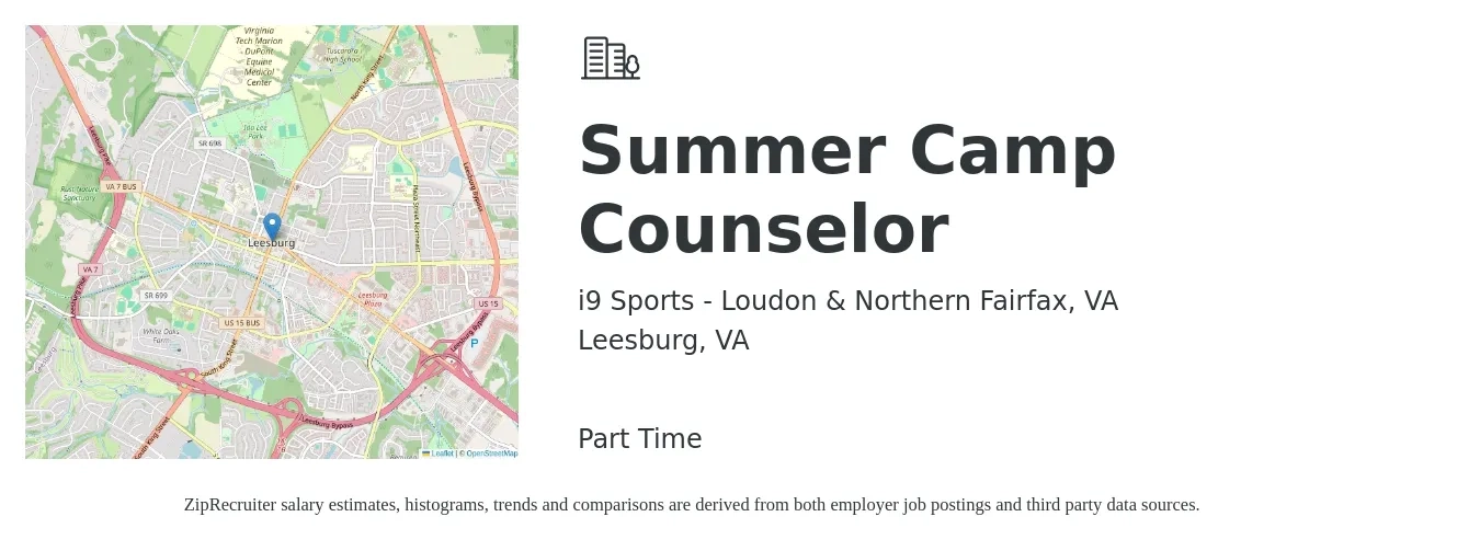 i9 Sports - Loudon & Northern Fairfax, VA job posting for a Summer Camp Counselor in Leesburg, VA with a salary of $475 Weekly with a map of Leesburg location.