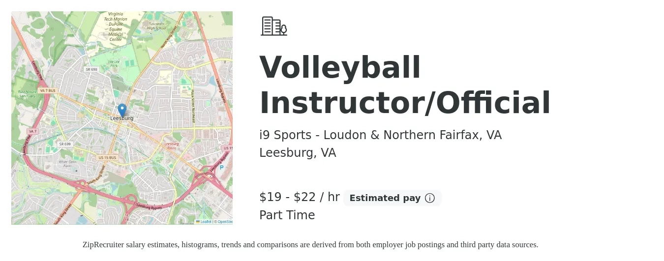i9 Sports - Loudon & Northern Fairfax, VA job posting for a Volleyball Instructor/Official in Leesburg, VA with a salary of $20 to $23 Hourly with a map of Leesburg location.