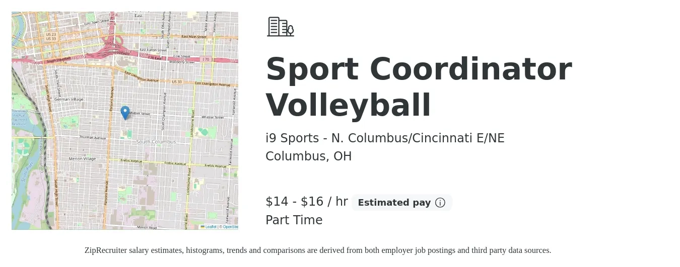 i9 Sports - N. Columbus/Cincinnati E/NE job posting for a Sport Coordinator Volleyball in Columbus, OH with a salary of $15 to $17 Hourly with a map of Columbus location.