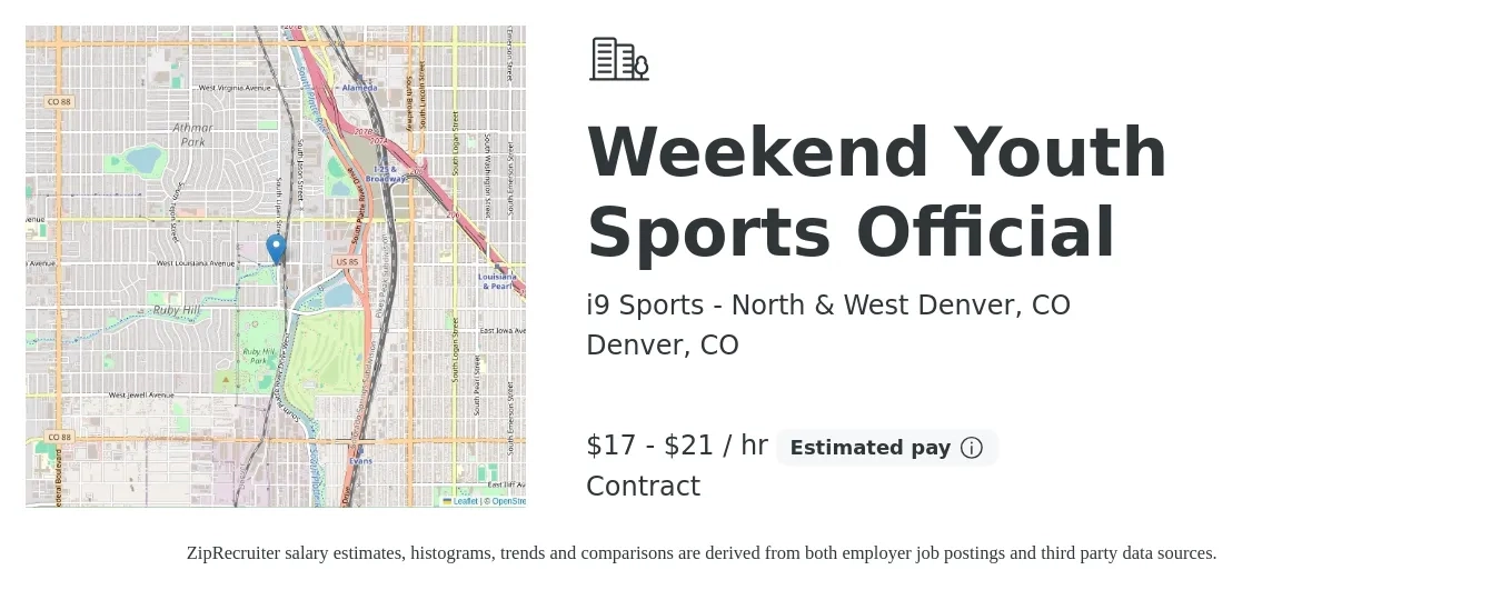 i9 Sports - North & West Denver, CO job posting for a Weekend Youth Sports Official in Denver, CO with a salary of $18 to $22 Hourly with a map of Denver location.