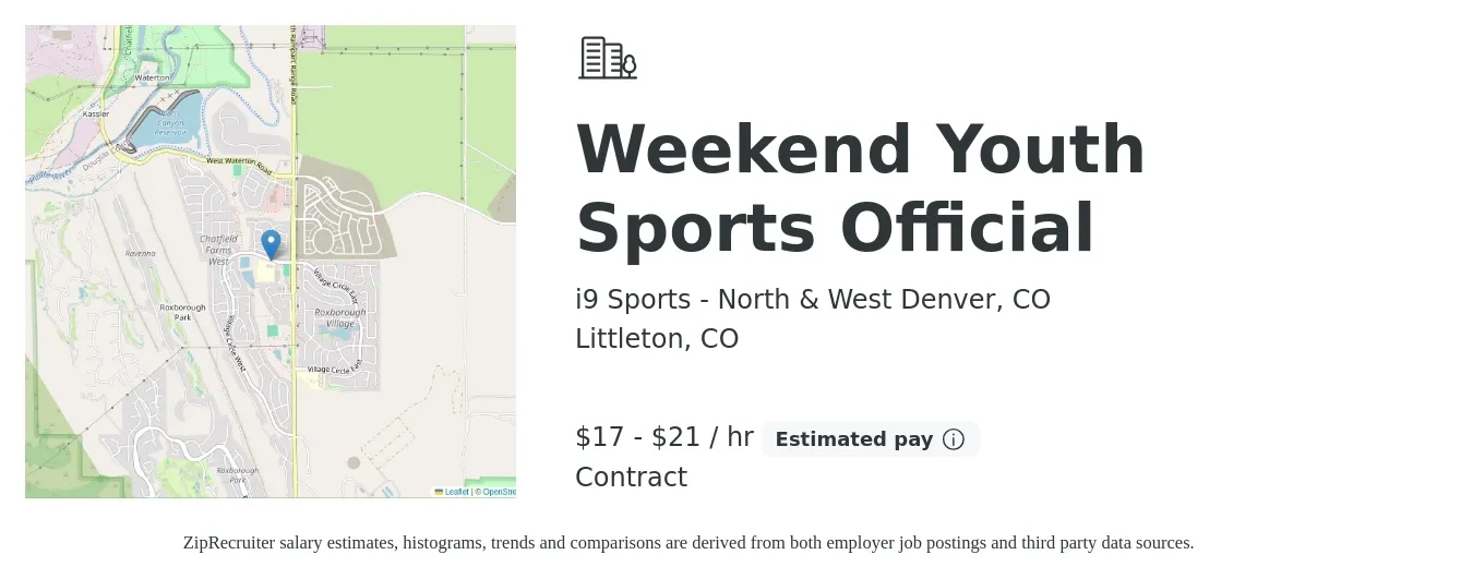 i9 Sports - North & West Denver, CO job posting for a Weekend Youth Sports Official in Littleton, CO with a salary of $18 to $22 Hourly with a map of Littleton location.