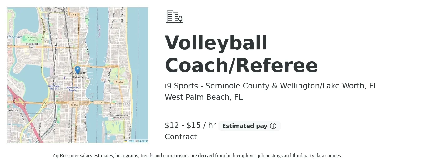 i9 Sports - Seminole County & Wellington/Lake Worth, FL job posting for a Volleyball Coach/Referee in West Palm Beach, FL with a salary of $13 to $16 Hourly with a map of West Palm Beach location.