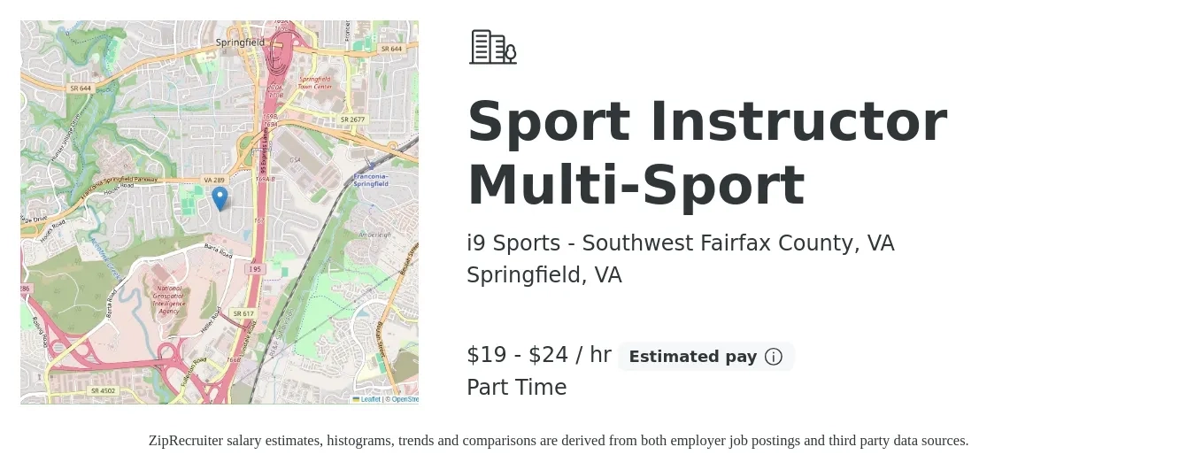 i9 Sports - Southwest Fairfax County, VA job posting for a Sport Instructor Multi-Sport in Springfield, VA with a salary of $20 to $25 Hourly with a map of Springfield location.