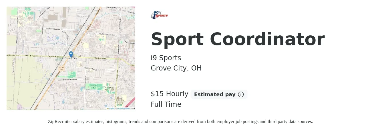 i9 Sports job posting for a Sport Coordinator in Grove City, OH with a salary of $16 Hourly with a map of Grove City location.