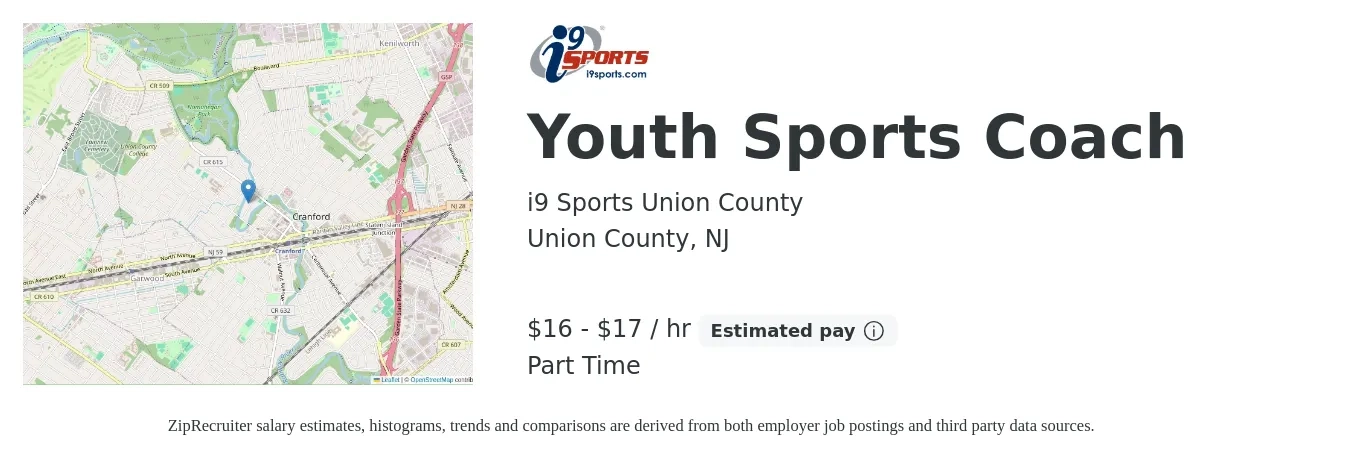 i9 Sports Union County job posting for a Youth Sports Coach in Union County, NJ with a salary of $17 to $18 Hourly with a map of Union County location.