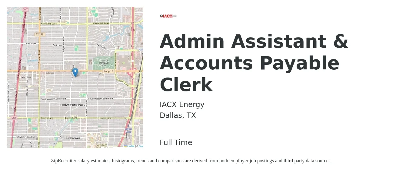 IACX Energy job posting for a Admin Assistant & Accounts Payable Clerk in Dallas, TX with a salary of $50,000 to $54,000 Yearly with a map of Dallas location.