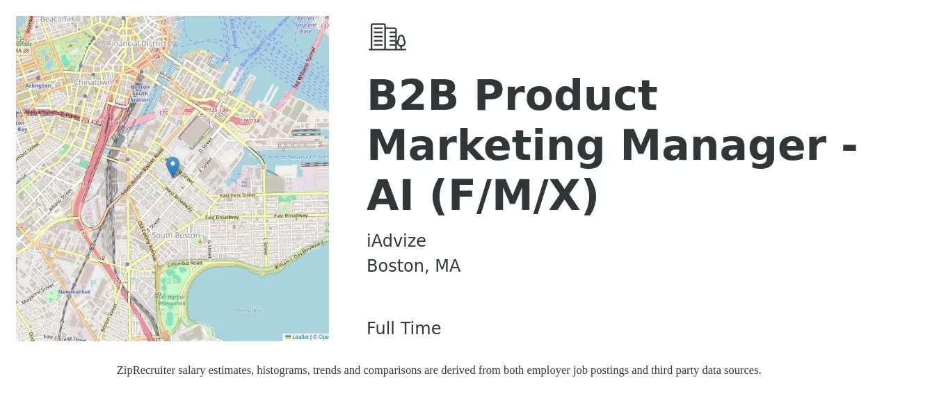iAdvize job posting for a B2B Product Marketing Manager - AI (F/M/X) in Boston, MA with a salary of $166,800 Yearly with a map of Boston location.