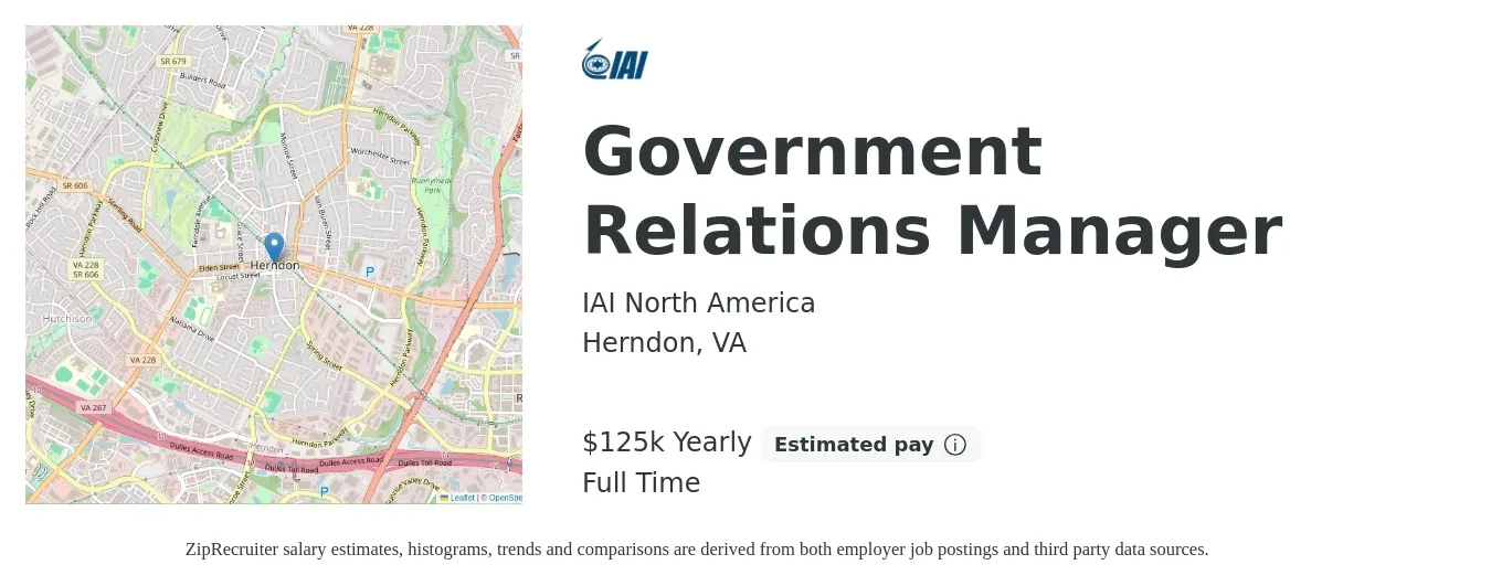 IAI North America job posting for a Government Relations Manager in Herndon, VA with a salary of $125,000 Yearly with a map of Herndon location.