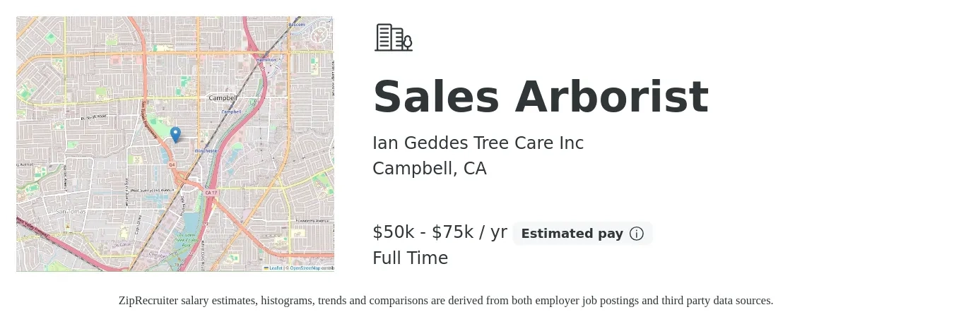 Ian Geddes Tree Care Inc job posting for a Sales Arborist in Campbell, CA with a salary of $50,000 to $75,000 Yearly with a map of Campbell location.