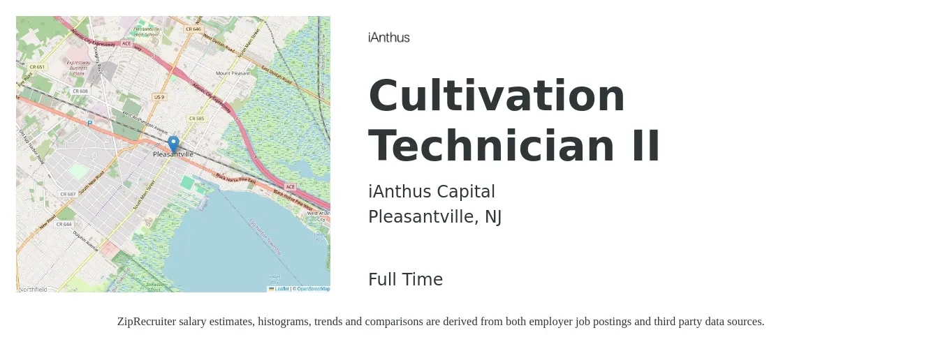 iAnthus Capital job posting for a Cultivation Technician II in Pleasantville, NJ with a salary of $19 to $28 Hourly with a map of Pleasantville location.