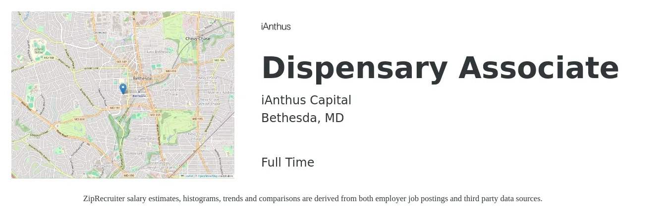 iAnthus Capital job posting for a Dispensary Associate in Bethesda, MD with a salary of $16 to $23 Hourly with a map of Bethesda location.