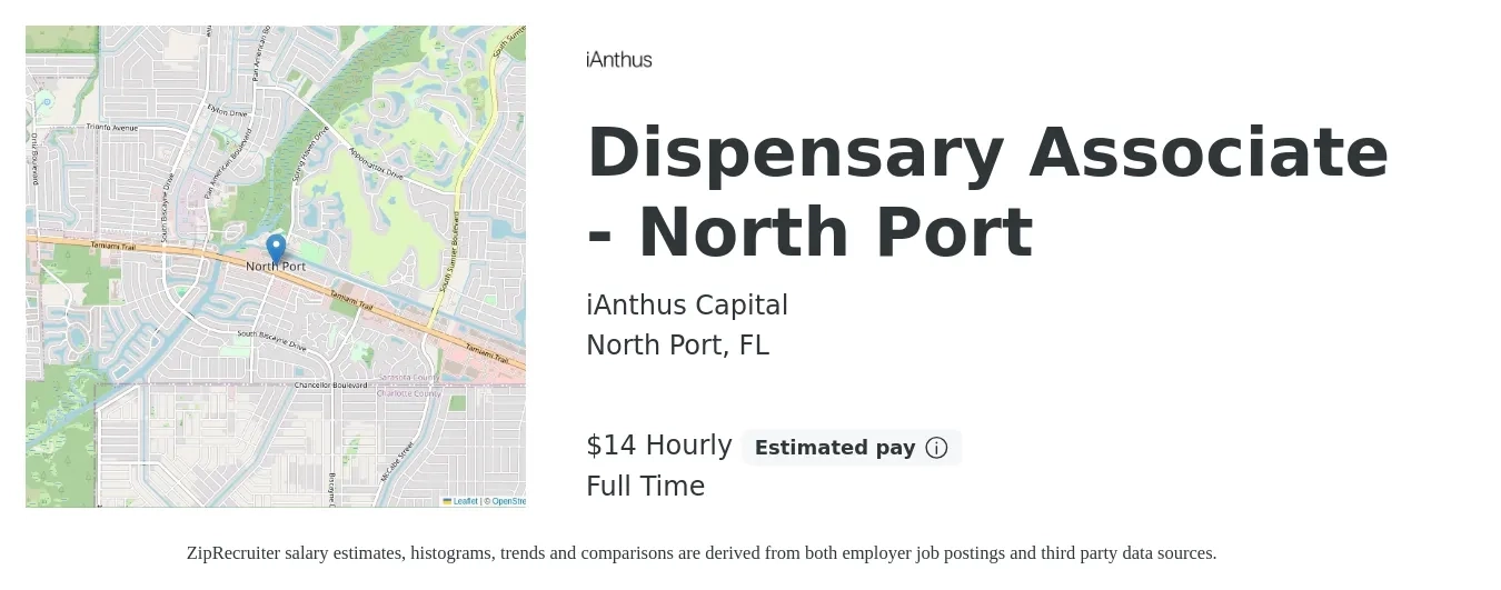 iAnthus Capital job posting for a Dispensary Associate - North Port in North Port, FL with a salary of $15 Hourly with a map of North Port location.