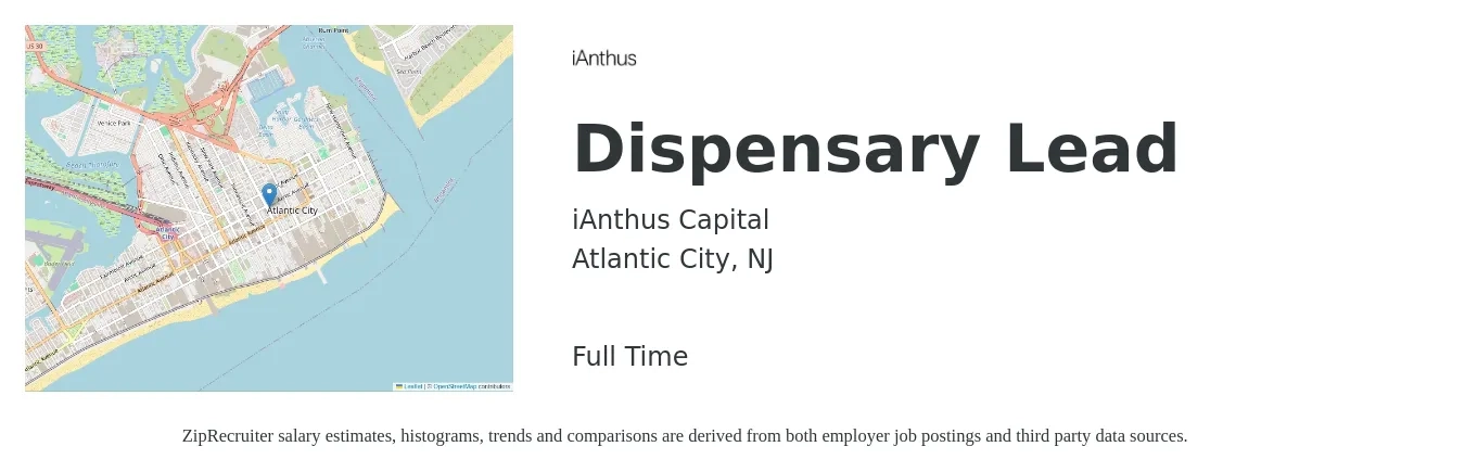 iAnthus Capital job posting for a Dispensary Lead in Atlantic City, NJ with a salary of $16 to $25 Hourly with a map of Atlantic City location.