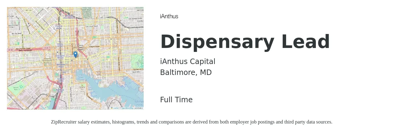 iAnthus Capital job posting for a Dispensary Lead in Baltimore, MD with a salary of $16 to $25 Hourly with a map of Baltimore location.