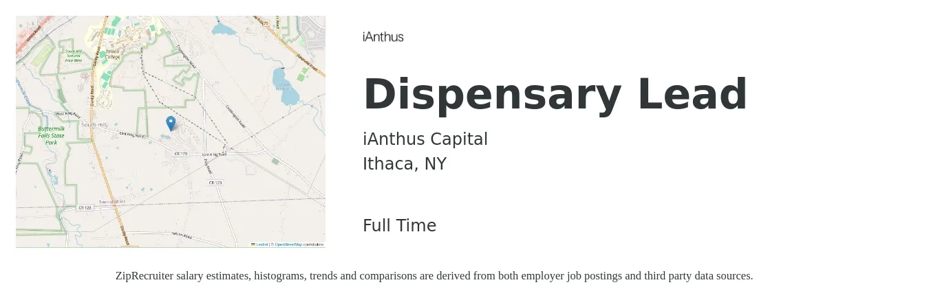 iAnthus Capital job posting for a Dispensary Lead in Ithaca, NY with a salary of $18 Hourly with a map of Ithaca location.