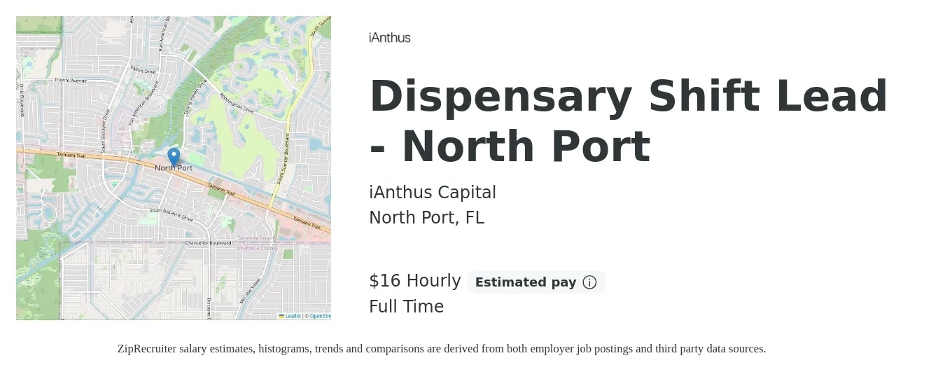 iAnthus Capital job posting for a Dispensary Shift Lead - North Port in North Port, FL with a salary of $17 Hourly with a map of North Port location.
