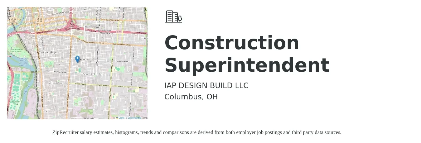 IAP DESIGN-BUILD LLC job posting for a Construction Superintendent in Columbus, OH with a salary of $68,600 to $111,600 Yearly with a map of Columbus location.