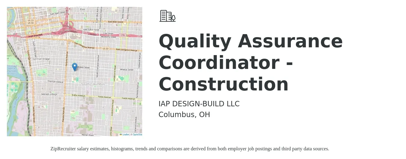 IAP DESIGN-BUILD LLC job posting for a Quality Assurance Coordinator - Construction in Columbus, OH with a salary of $21 to $31 Hourly with a map of Columbus location.