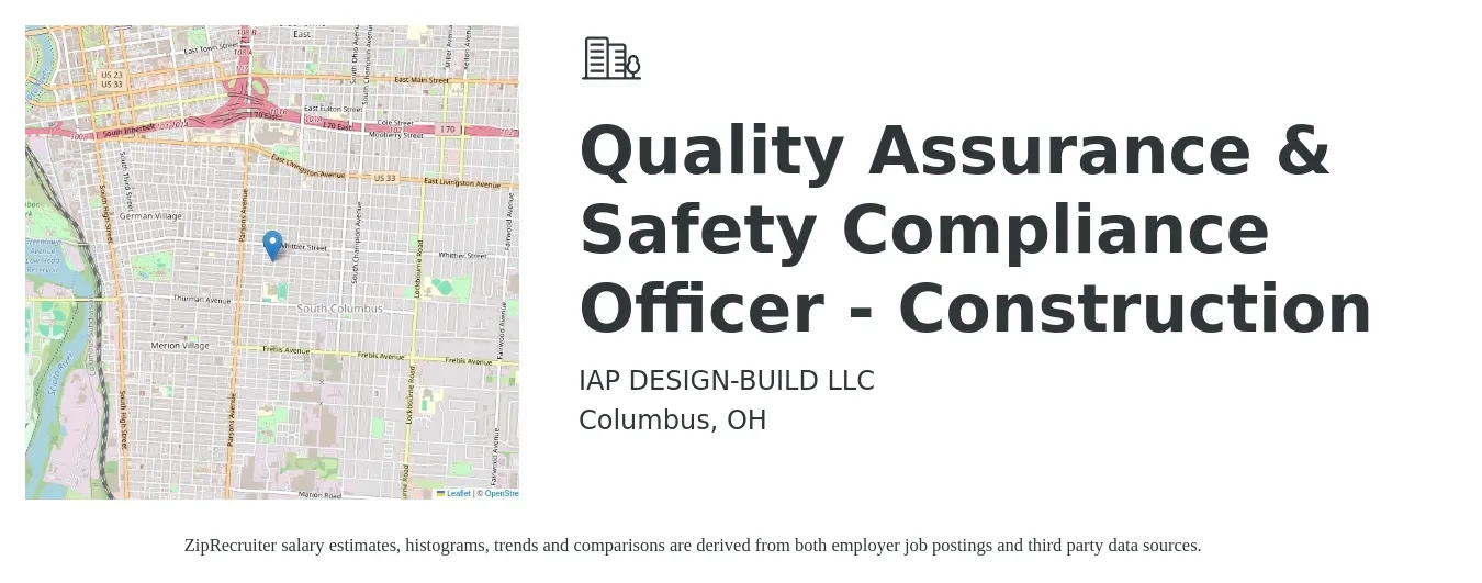 IAP DESIGN-BUILD LLC job posting for a Quality Assurance & Safety Compliance Officer - Construction in Columbus, OH with a salary of $80,700 to $107,200 Yearly with a map of Columbus location.