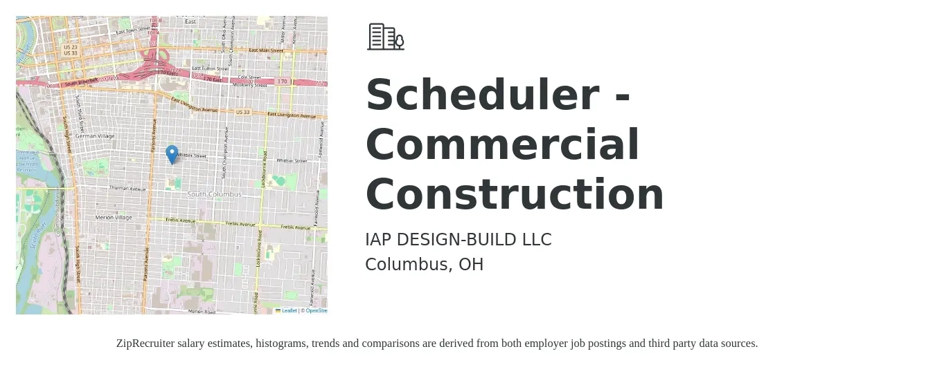 IAP DESIGN-BUILD LLC job posting for a Scheduler - Commercial Construction in Columbus, OH with a salary of $48,300 to $119,800 Yearly with a map of Columbus location.