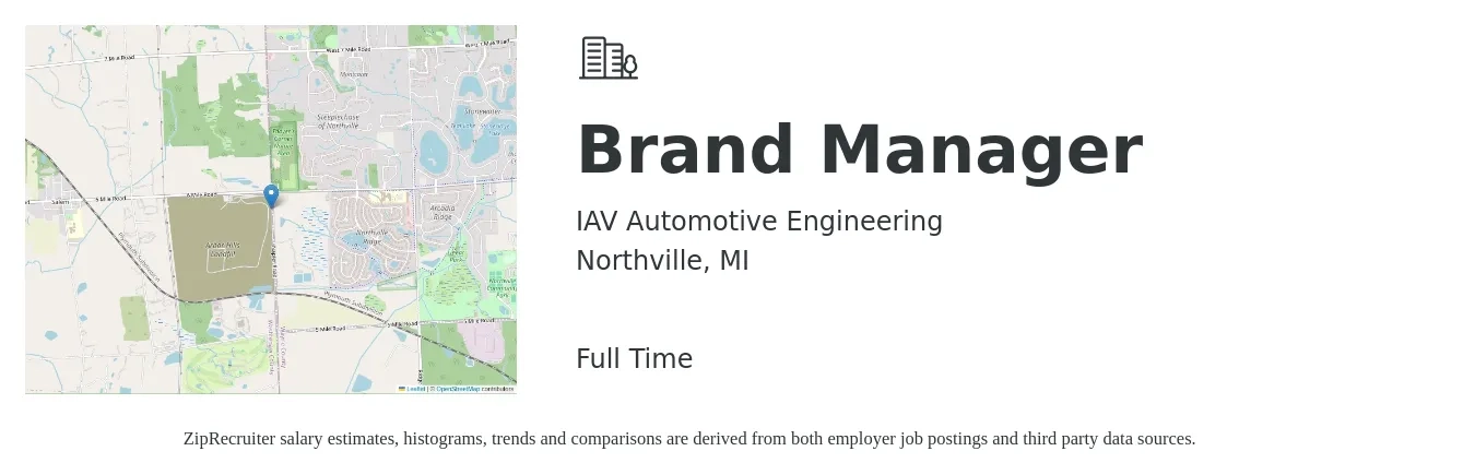 IAV Automotive Engineering job posting for a Brand Manager in Northville, MI with a salary of $52,300 to $102,600 Yearly with a map of Northville location.
