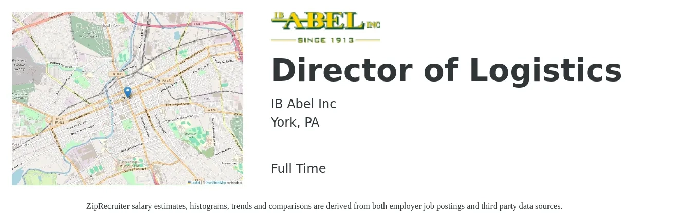 IB Abel Inc job posting for a Director of Logistics in York, PA with a salary of $95,000 to $138,800 Yearly with a map of York location.