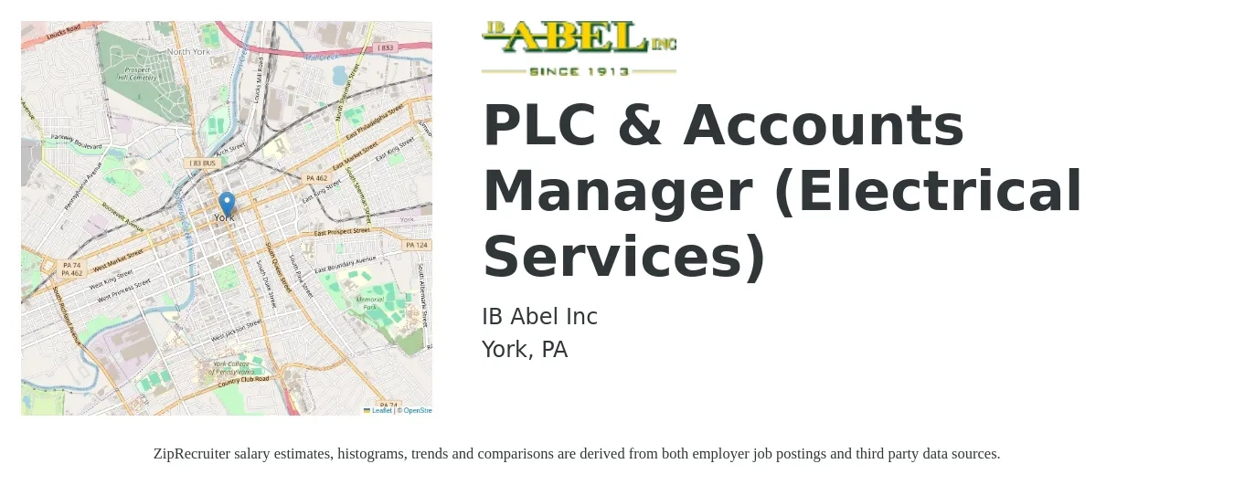 IB Abel Inc job posting for a PLC & Accounts Manager (Electrical Services) in York, PA with a salary of $31 to $47 Hourly with a map of York location.