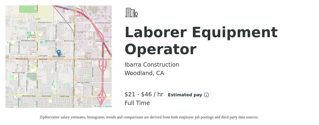 Ibarra Construction job posting for a Laborer Equipment Operator in Woodland, CA with a salary of $22 to $48 Hourly with a map of Woodland location.