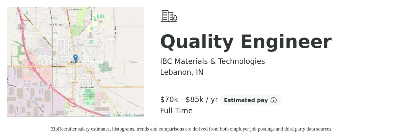 IBC Materials & Technologies job posting for a Quality Engineer in Lebanon, IN with a salary of $70,000 to $85,000 Yearly with a map of Lebanon location.