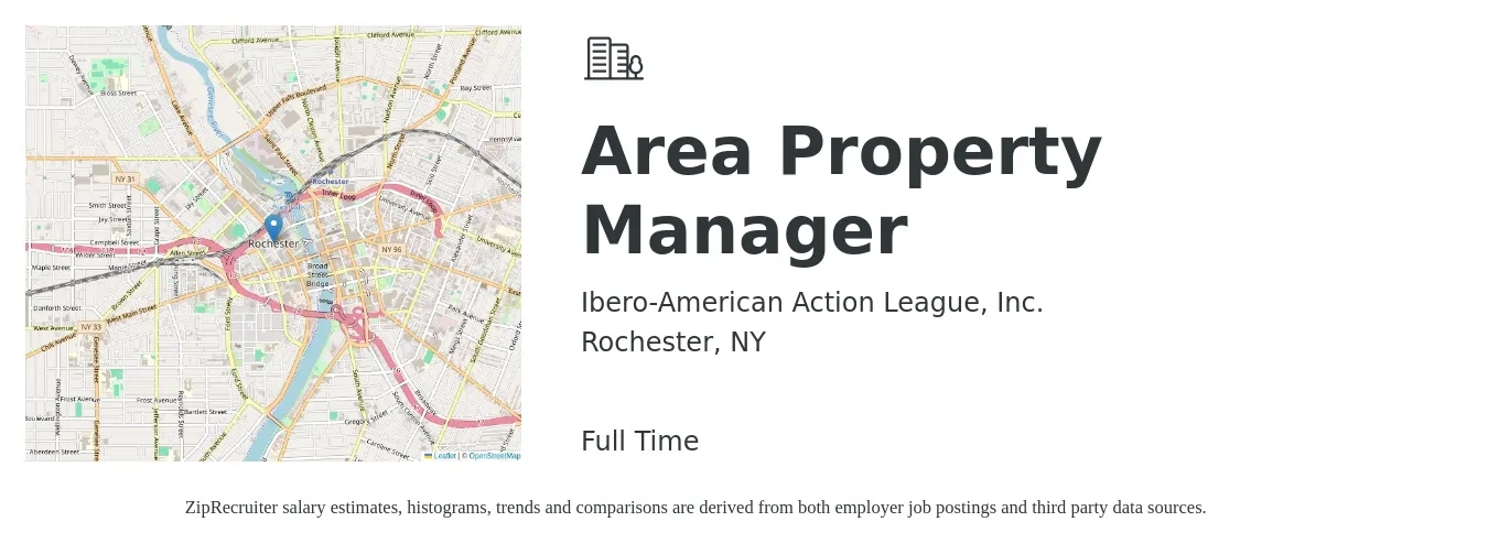 Ibero-American Action League, Inc. job posting for a Area Property Manager in Rochester, NY with a salary of $43,400 to $67,100 Yearly with a map of Rochester location.