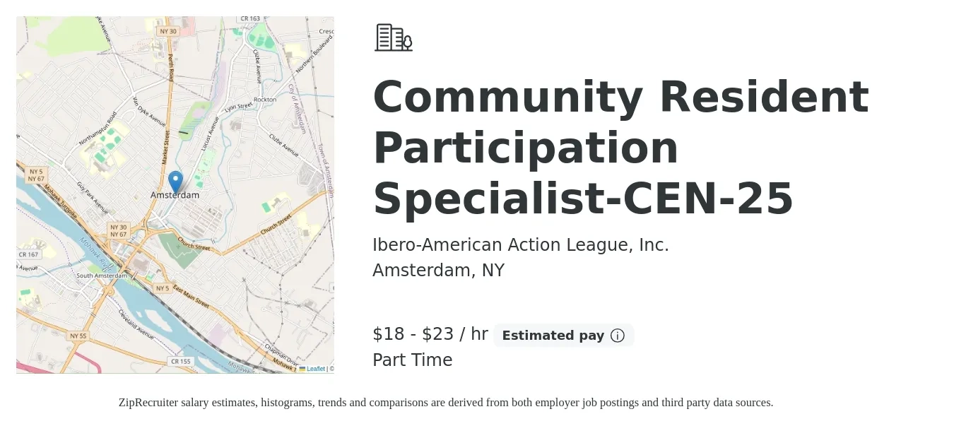 Ibero-American Action League, Inc. job posting for a Community Resident Participation Specialist-CEN-25 in Amsterdam, NY with a salary of $19 to $24 Hourly with a map of Amsterdam location.