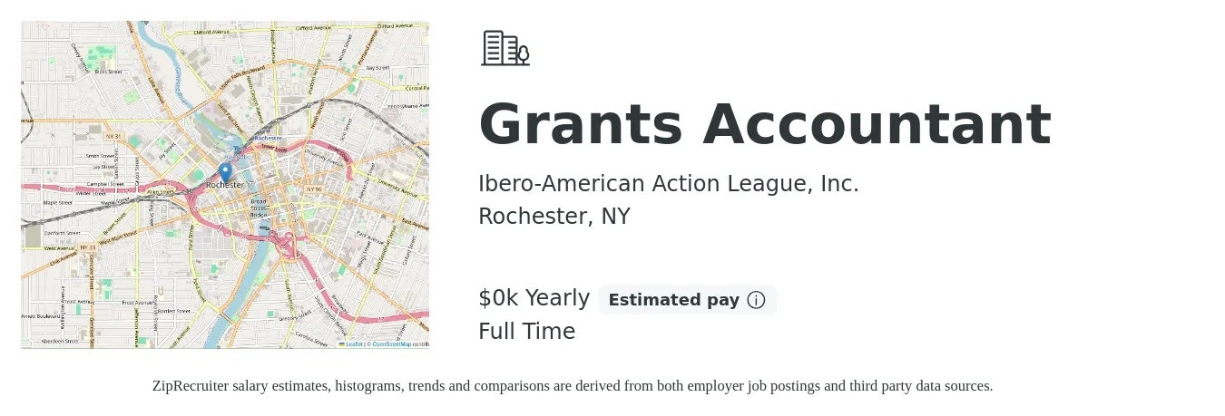 Ibero-American Action League, Inc. job posting for a Grants Accountant in Rochester, NY with a salary of $32 to $37 Yearly with a map of Rochester location.