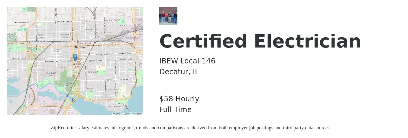 IBEW Local 146 job posting for a Certified Electrician in Decatur, IL with a salary of $61 Hourly with a map of Decatur location.