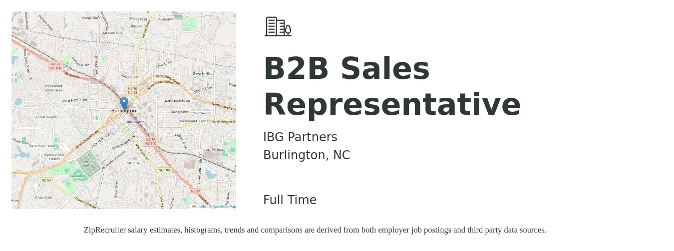 IBG Partners job posting for a B2B Sales Representative in Burlington, NC with a salary of $40,900 to $68,500 Yearly with a map of Burlington location.