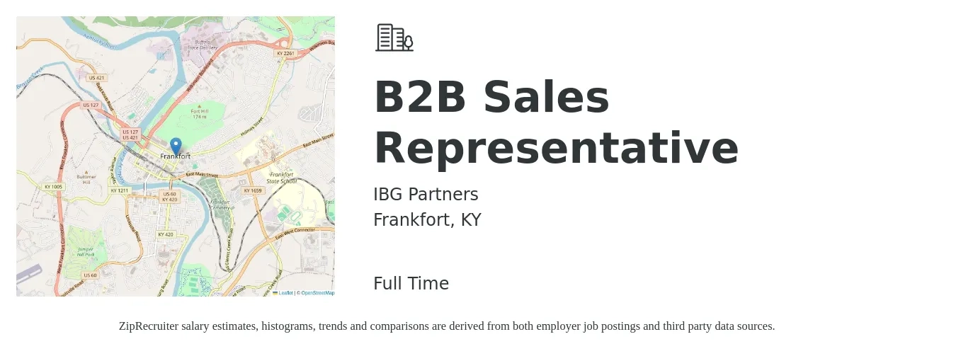 IBG Partners job posting for a B2B Sales Representative in Frankfort, KY with a salary of $42,600 to $71,200 Yearly with a map of Frankfort location.