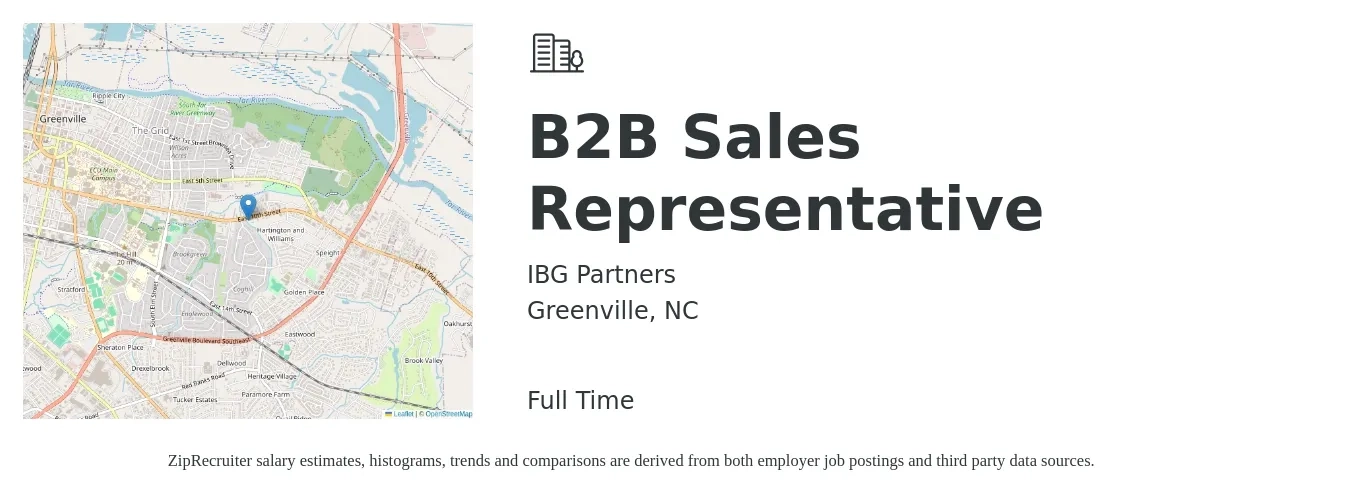IBG Partners job posting for a B2B Sales Representative in Greenville, NC with a salary of $46,900 to $78,600 Yearly with a map of Greenville location.