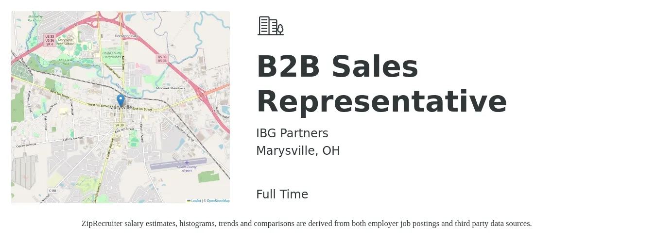 IBG Partners job posting for a B2B Sales Representative in Marysville, OH with a salary of $45,000 to $75,300 Yearly with a map of Marysville location.