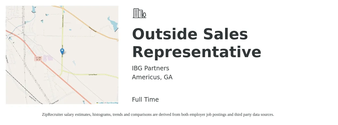 IBG Partners job posting for a Outside Sales Representative in Americus, GA with a salary of $48,500 to $83,100 Yearly with a map of Americus location.