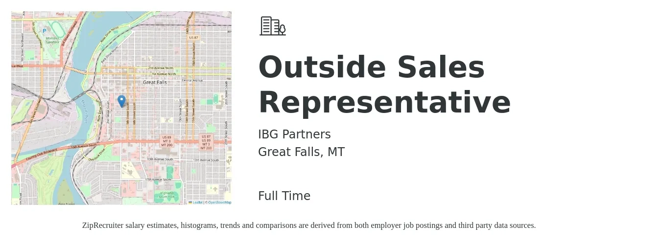 IBG Partners job posting for a Outside Sales Representative in Great Falls, MT with a salary of $51,200 to $87,800 Yearly with a map of Great Falls location.