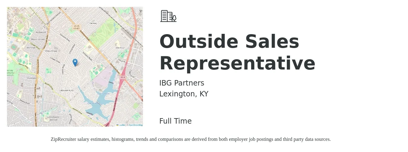 IBG Partners job posting for a Outside Sales Representative in Lexington, KY with a salary of $52,200 to $89,500 Yearly with a map of Lexington location.