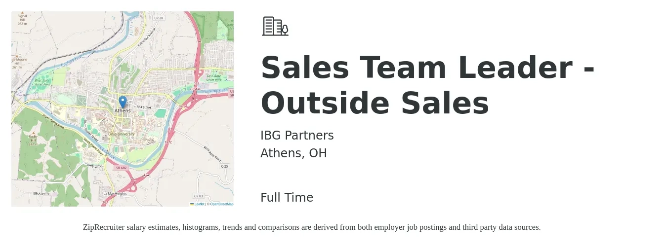 IBG Partners job posting for a Sales Team Leader - Outside Sales in Athens, OH with a salary of $12 to $20 Hourly with a map of Athens location.