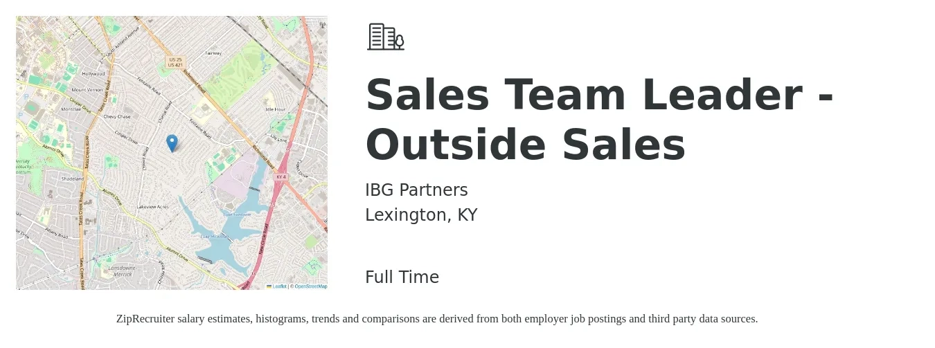 IBG Partners job posting for a Sales Team Leader - Outside Sales in Lexington, KY with a salary of $16 to $25 Hourly with a map of Lexington location.